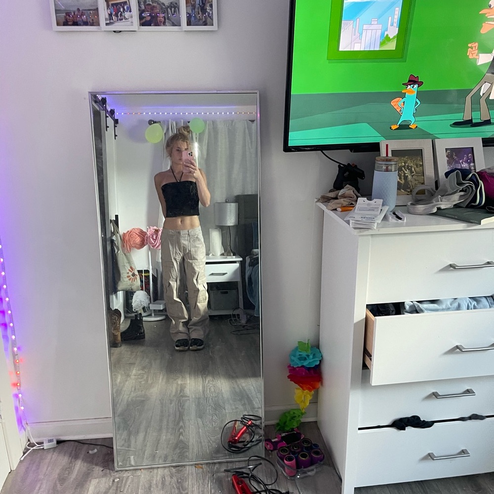 Black Crop Top and Beige Cargo Pants